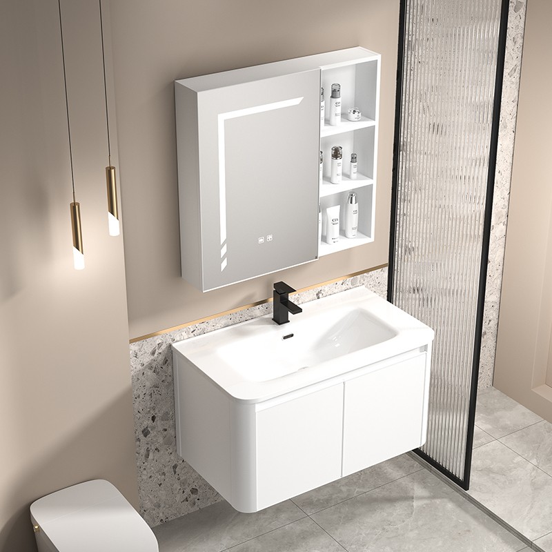 Rounded Corner Bathroom Vanity Cabinet With Ceramic Basin