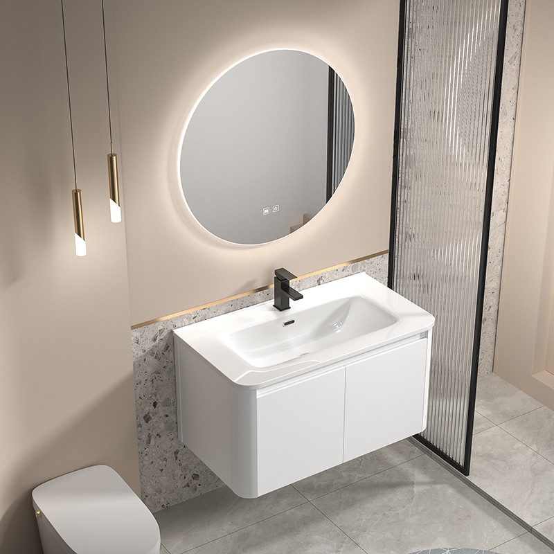 Rounded Corner Bathroom Vanity Cabinet With Ceramic Basin