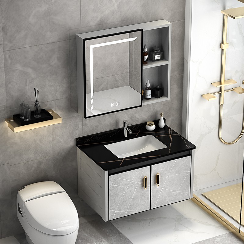 Contemporary Stone-Patterned Bathroom Vanity With Sintered Stone Basin