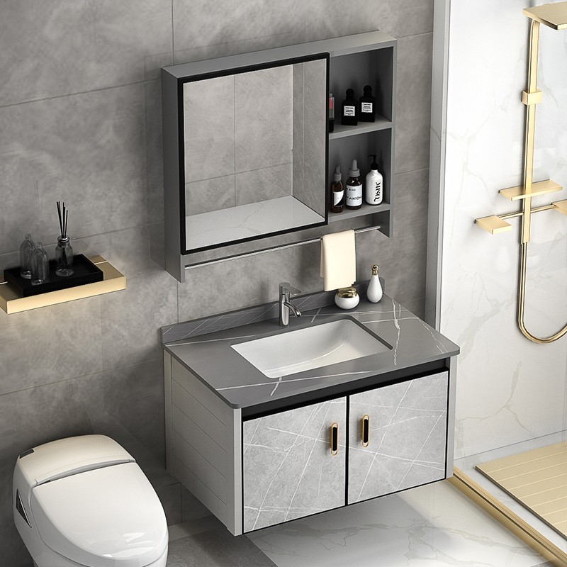 Contemporary Stone-Patterned Bathroom Vanity With Sintered Stone Basin