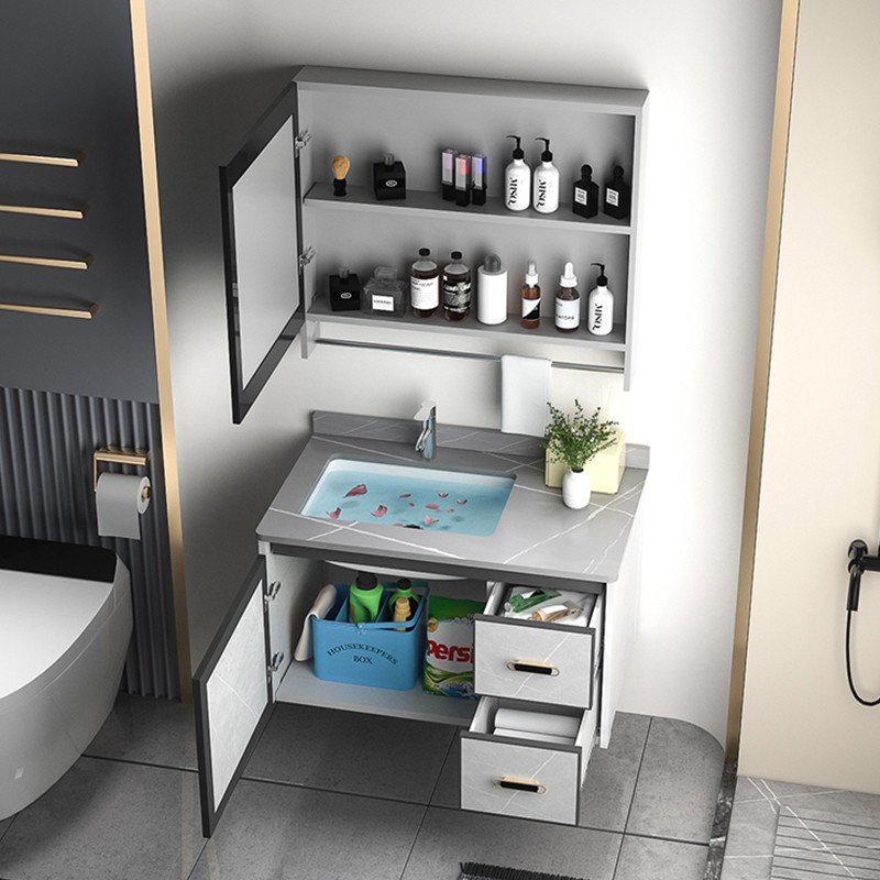 Contemporary Stone-Patterned Bathroom Vanity With Drawer and Sintered Stone Basin