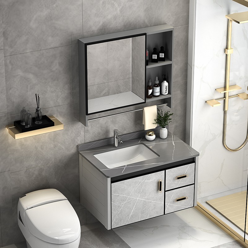 Contemporary Stone-Patterned Bathroom Vanity With Drawer and Sintered Stone Basin