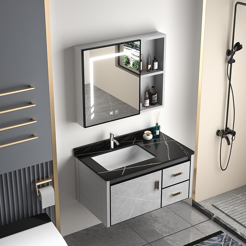 Contemporary Stone-Patterned Bathroom Vanity With Drawer and Sintered Stone Basin