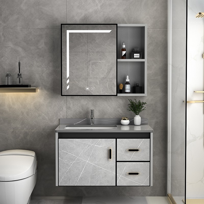 Contemporary Stone-Patterned Bathroom Vanity With Drawer and Sintered Stone Basin