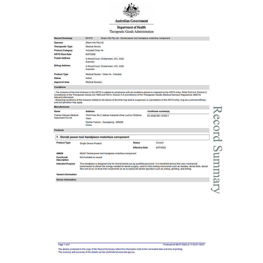 Australia high-speed mobile phone ARTG admission document