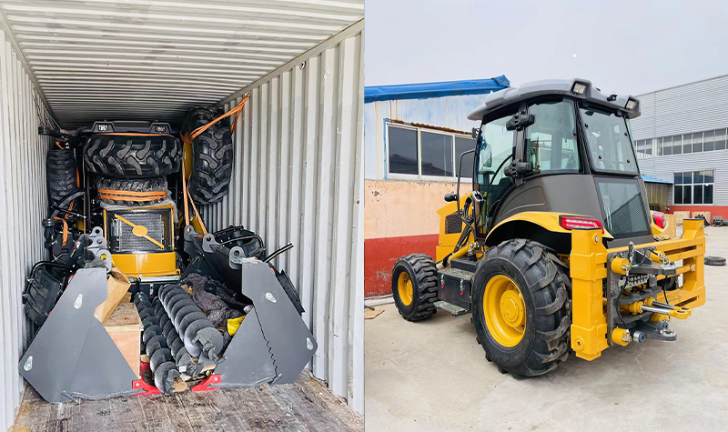 Backhoe loader for container shipment