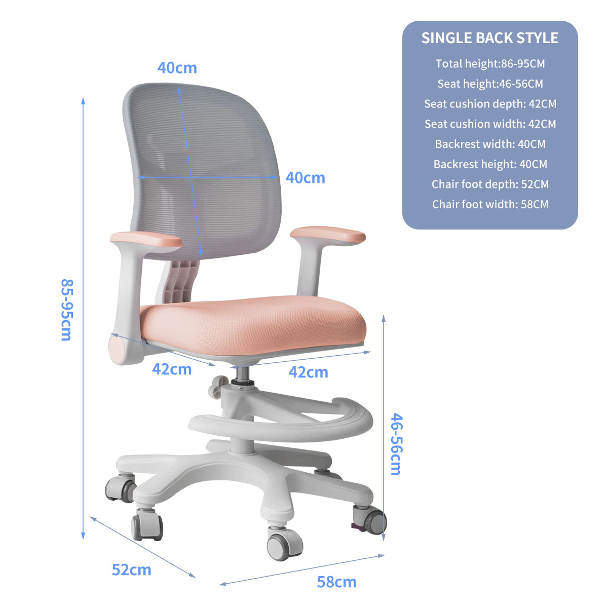 Seat-height Adjustable Study Chair With Lockable Wheels For Children