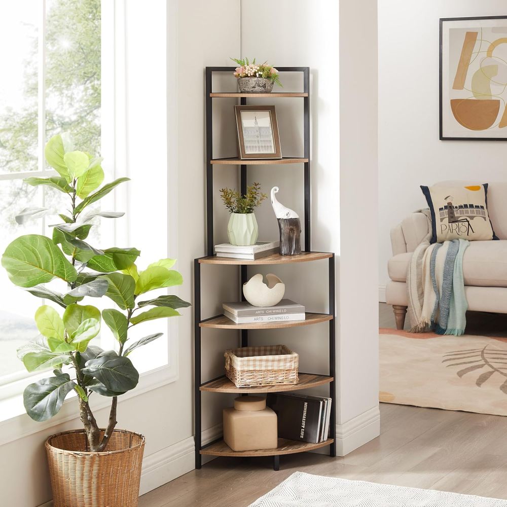 Wooden Small Corner Storage Ladder Shelf Unit For Living Room