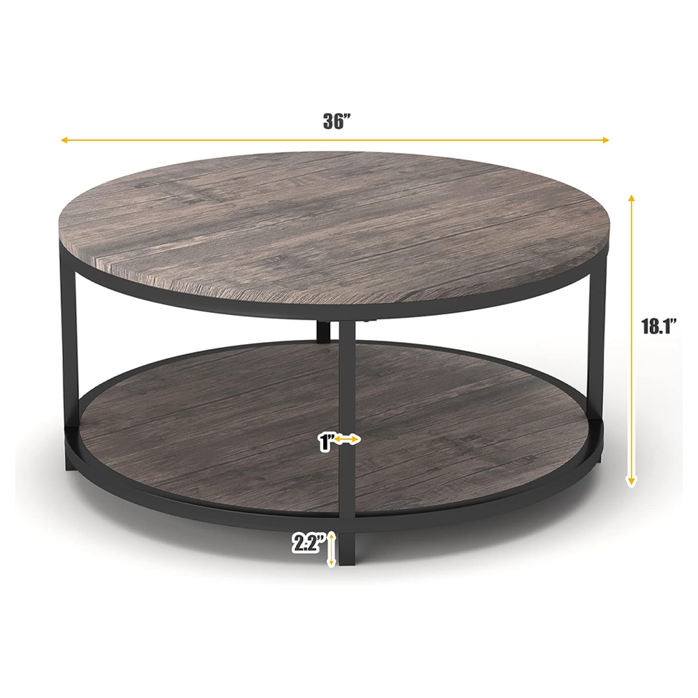 Industrial Style Metal Round Coffee Table Set With Shelf