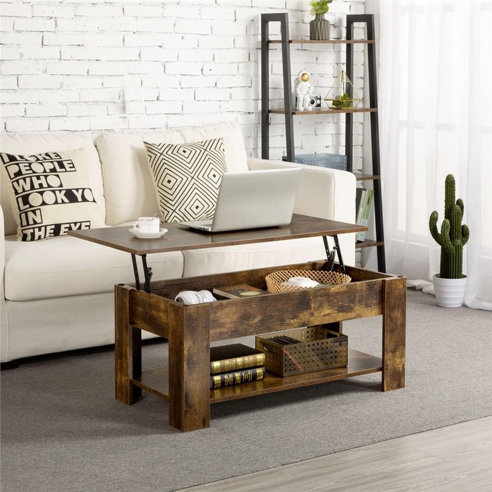 Living Room Modern Industrial Wood Rectangle Lift Up Coffee Table