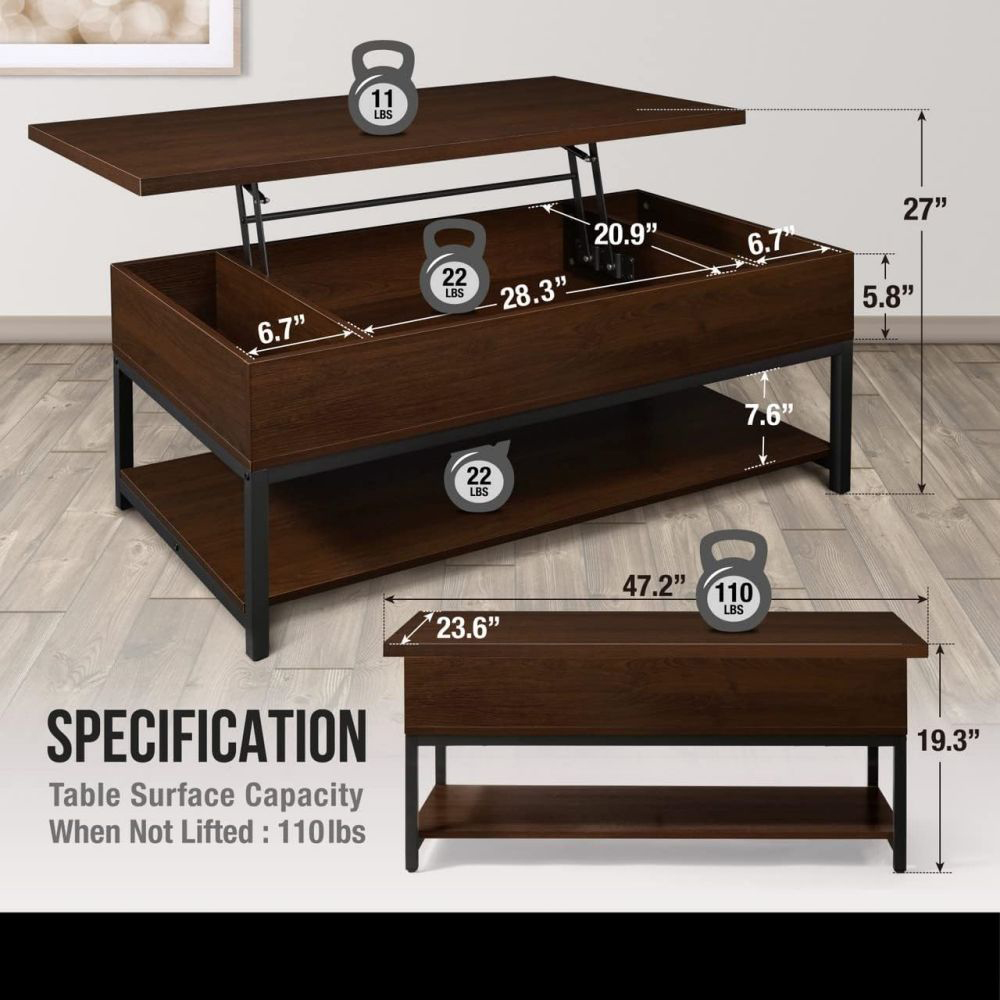 Malaking Modern Rectangle Lift Up Coffee Table Set na May Imbakan Para sa Sala