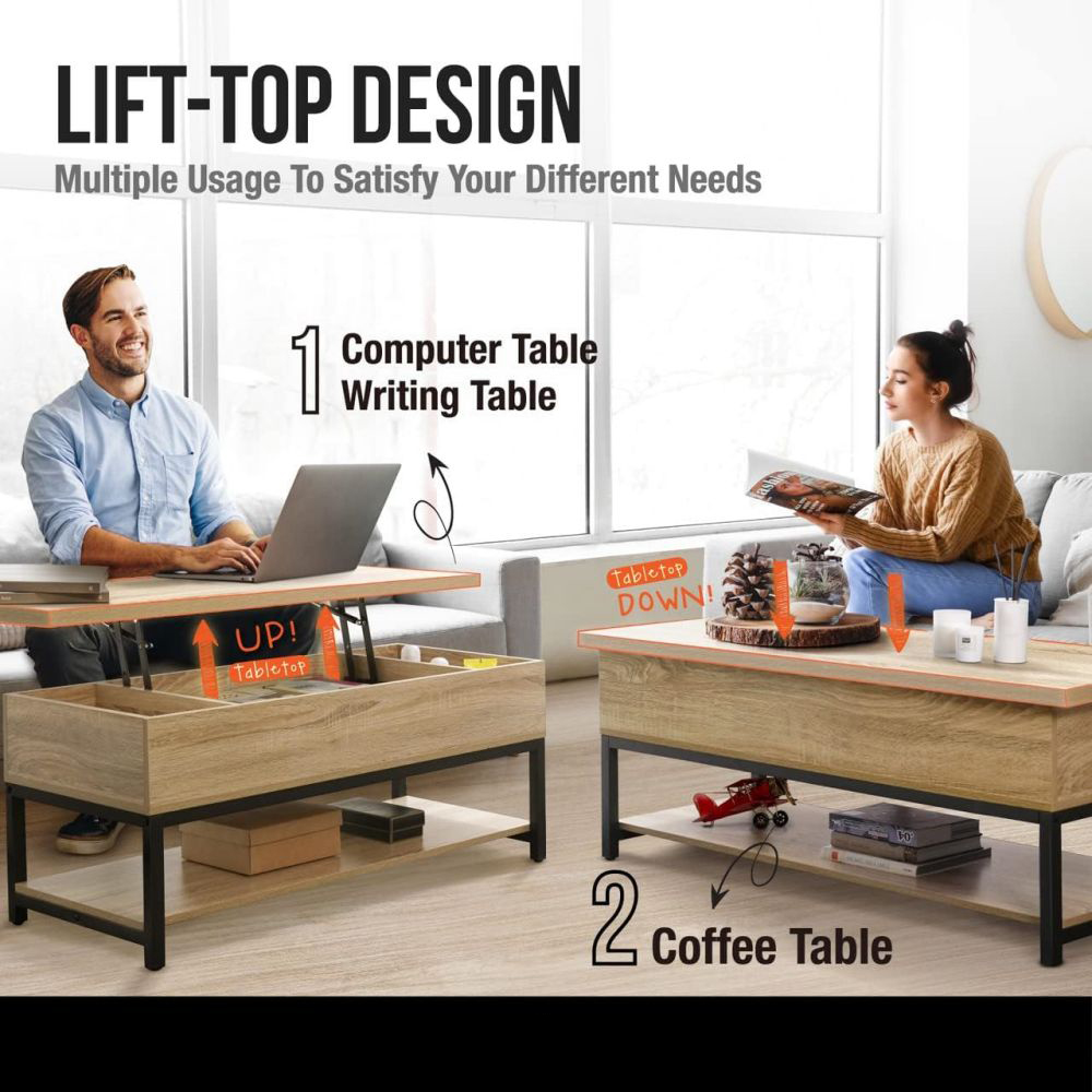 Malaking Modern Rectangle Lift Up Coffee Table Set na May Imbakan Para sa Sala