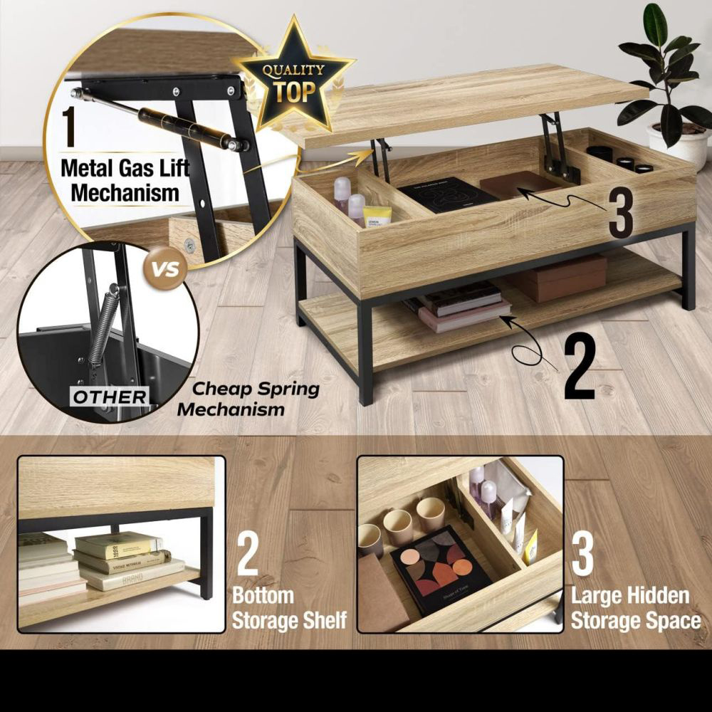 Malaking Modern Rectangle Lift Up Coffee Table Set na May Imbakan Para sa Sala