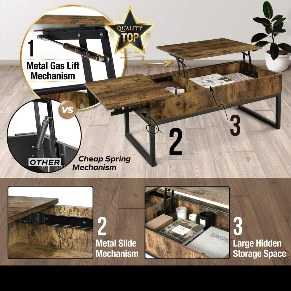 Rustic Large Square Metal Lift Top Coffee Table Set With Storage