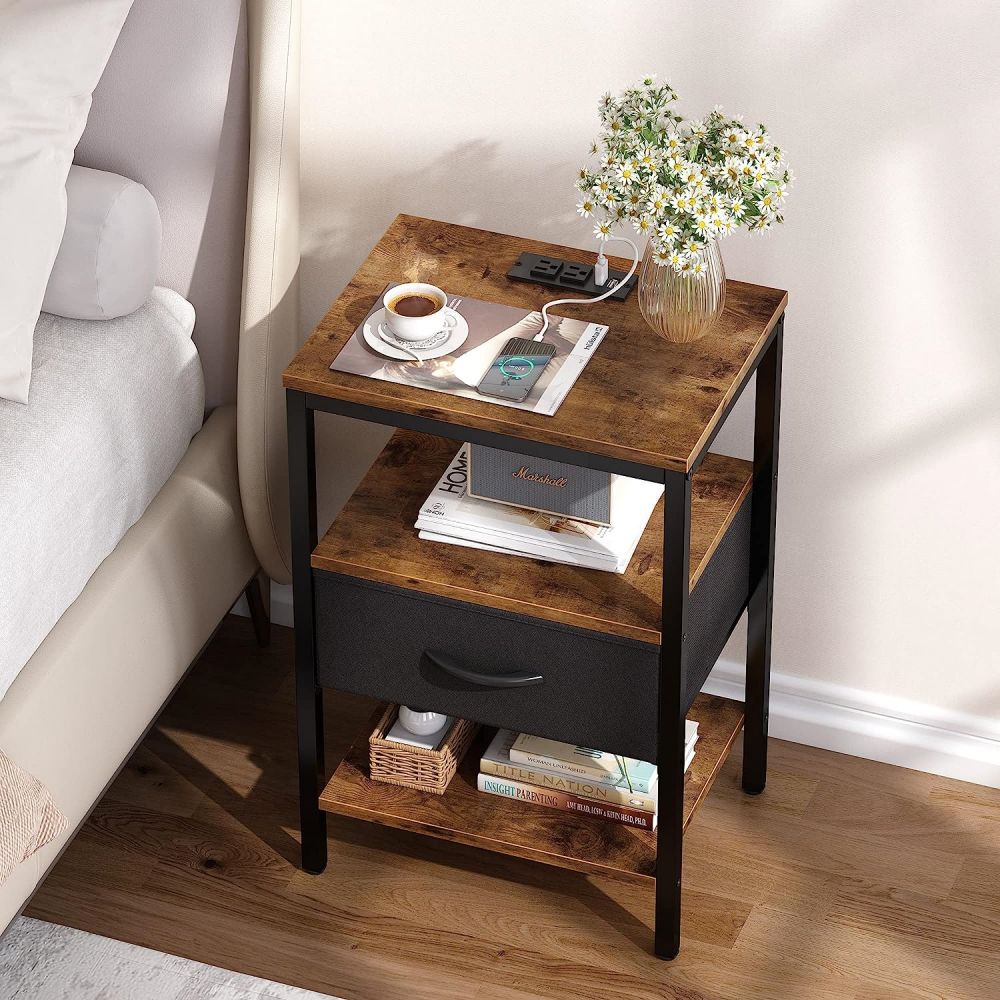 Small End Side Table Bedside Nightstand Drawer With Charging For Living Room