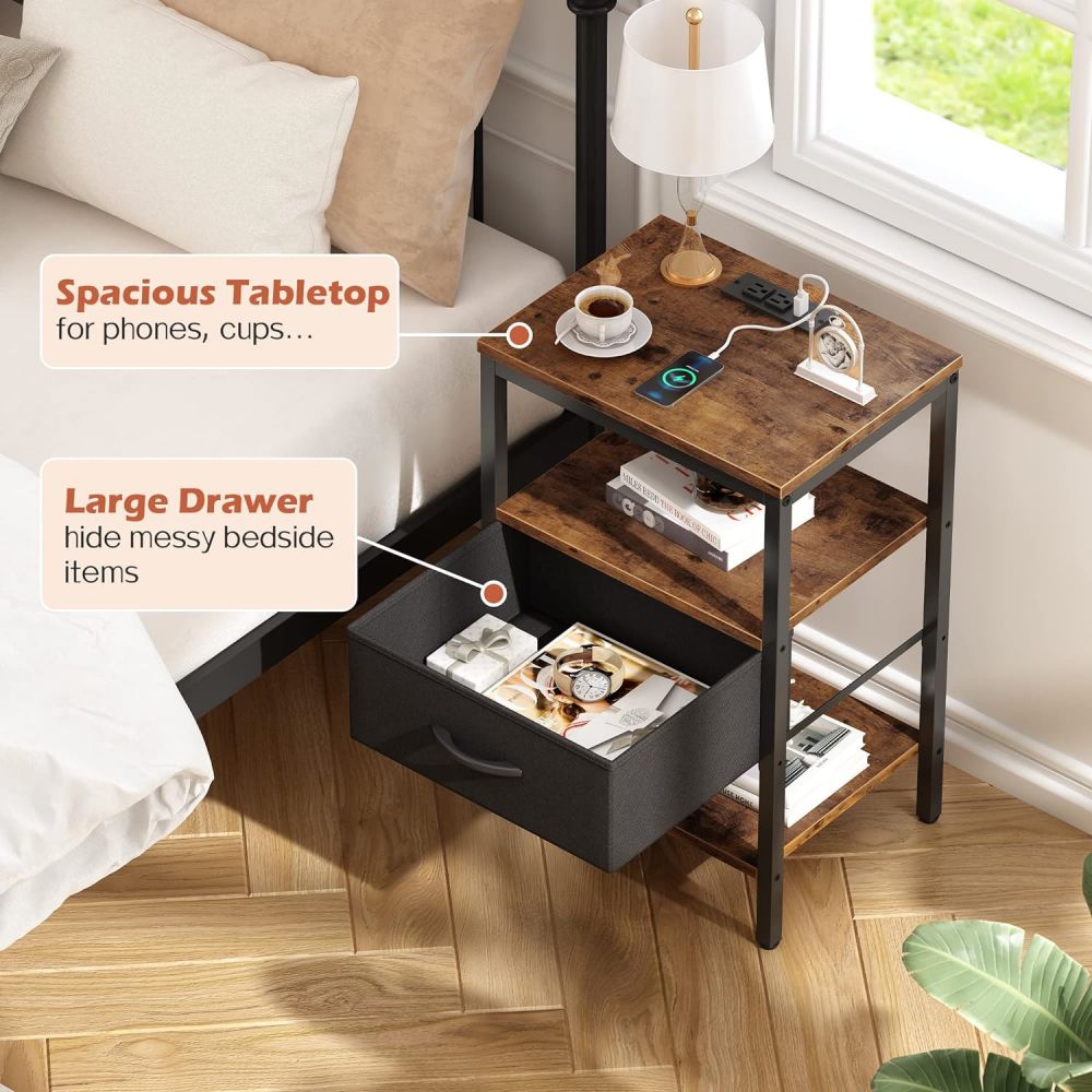 Small End Side Table Bedside Nightstand Drawer With Charging For Living Room