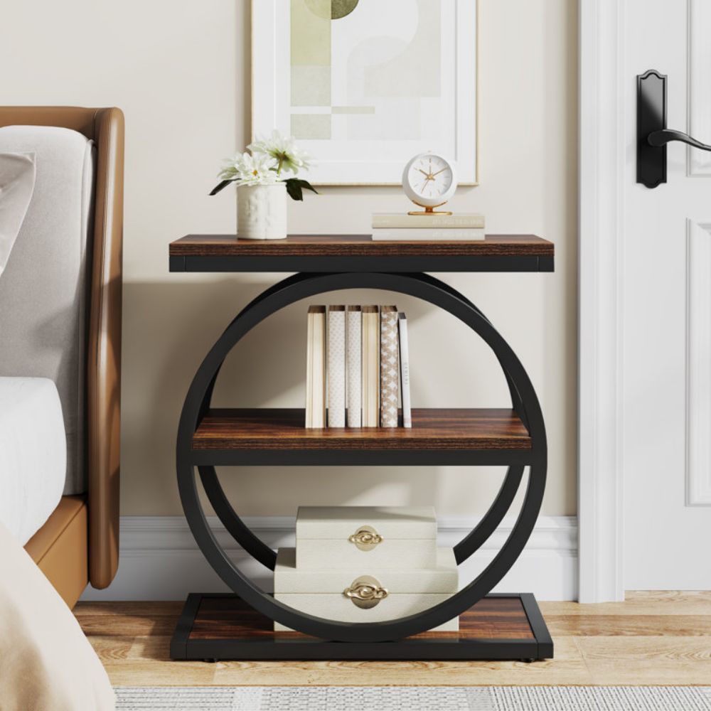 Accent Wooden Round End Bedside Night Table With Drawers For Living Room