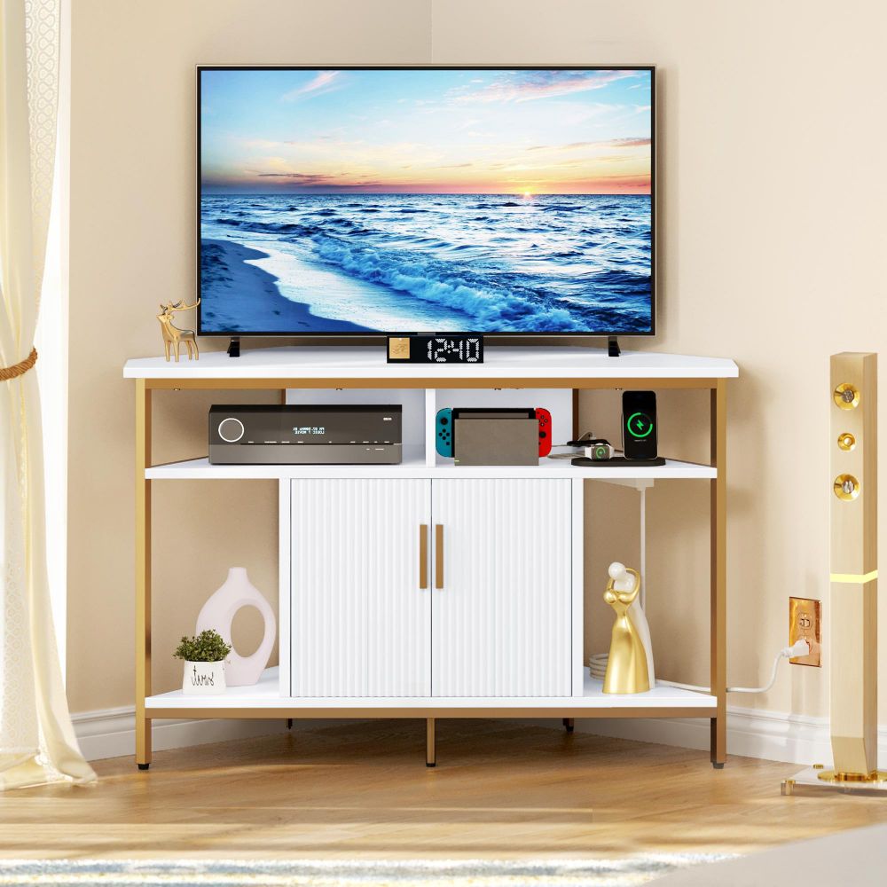 Living Room Corner White TV Stand Console Cabinet Unit na May Led Lights