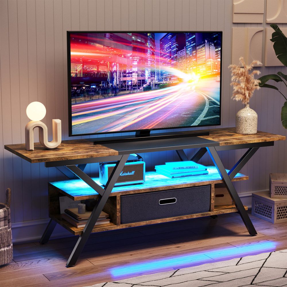 Modern Wood Led TV Stand Console Table Unit With Drawers And Charging