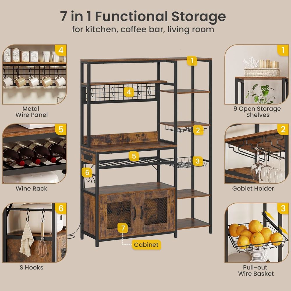 Wood Heavy Duty Bakers Rack In Kitchen With Charging And Storage