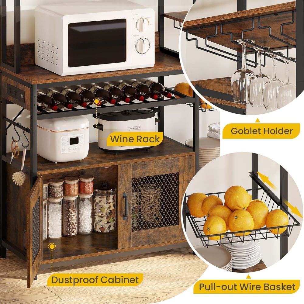 Wood Heavy Duty Bakers Rack In Kitchen With Charging And Storage