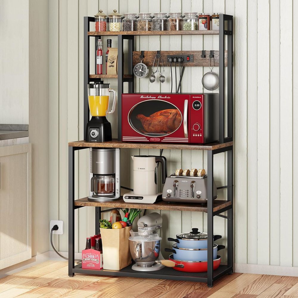 Rustic Wood Bakers Rack Cart With Electrical Power Outlet For Kitchen