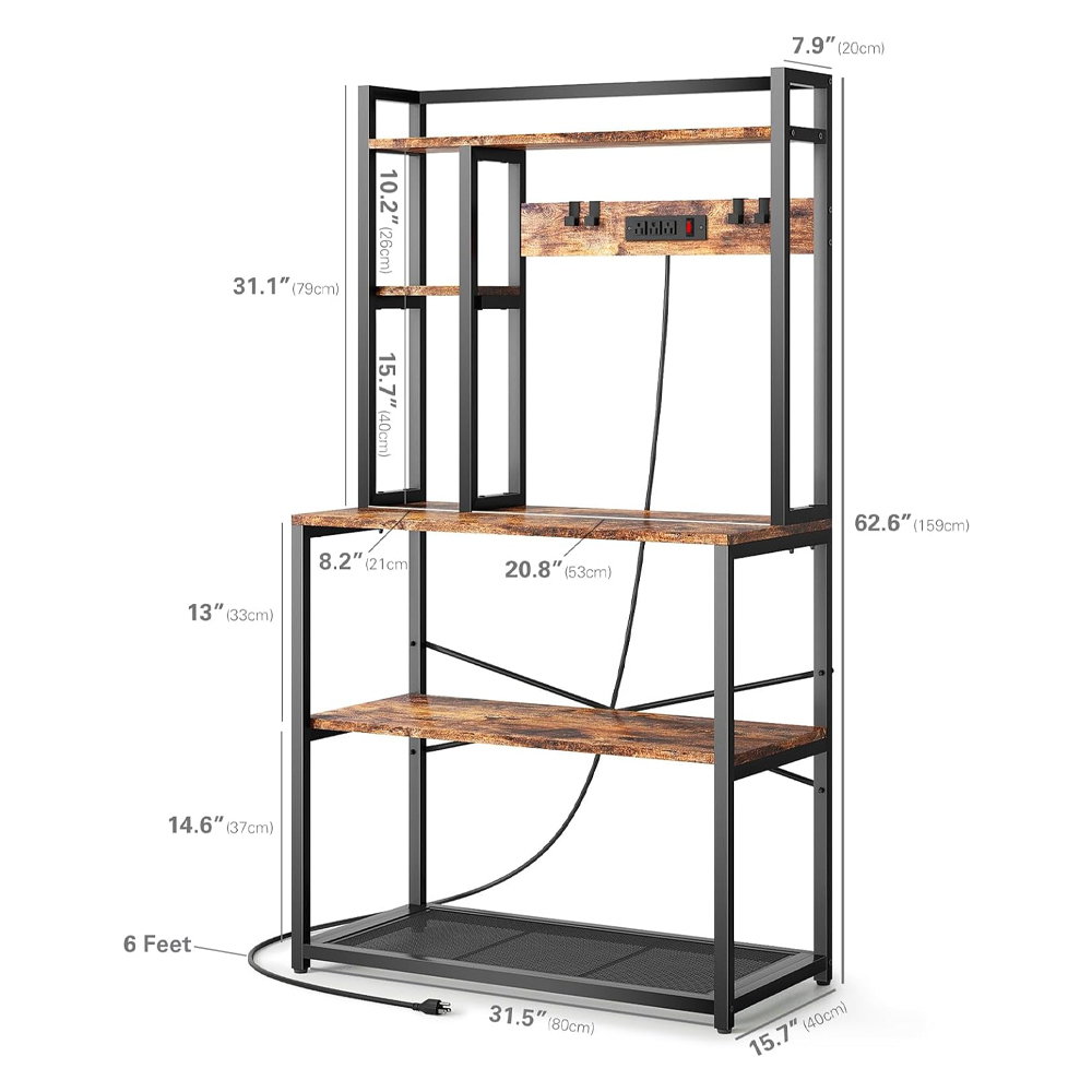 Rustic Wood Bakers Rack Cart With Electrical Power Outlet For Kitchen