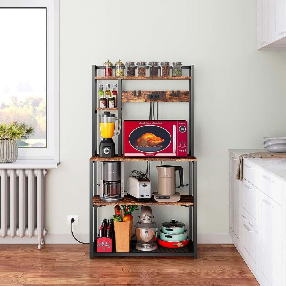 Rustic Wood Bakers Rack Cart With Electrical Power Outlet For Kitchen