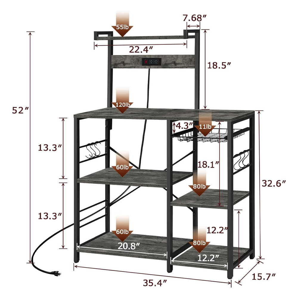 Sturdy Wooden Metal Shelf Kitchen Bakers Rack With Storage