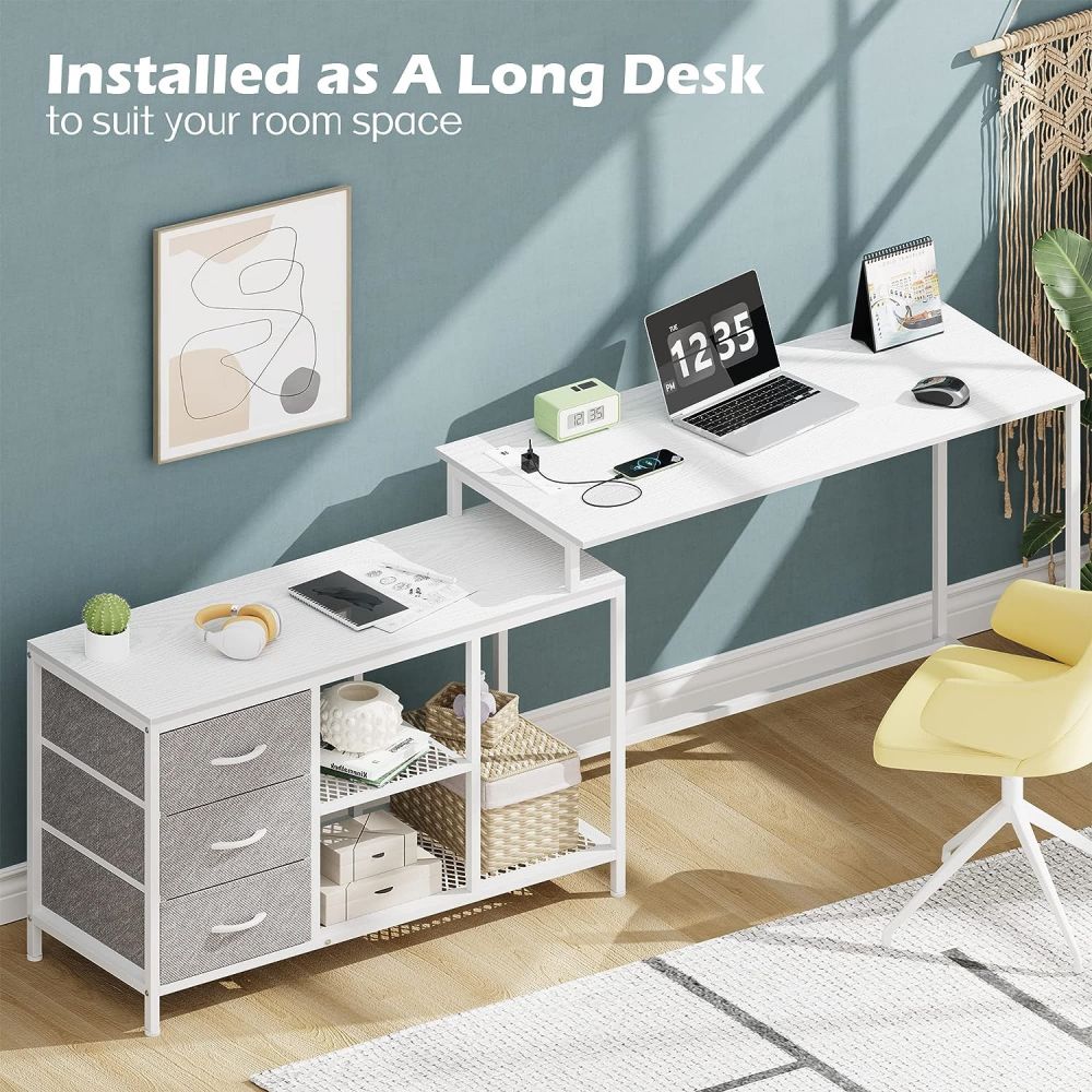 Long L Shaped Computer PC Desk With Shelf For Home Office