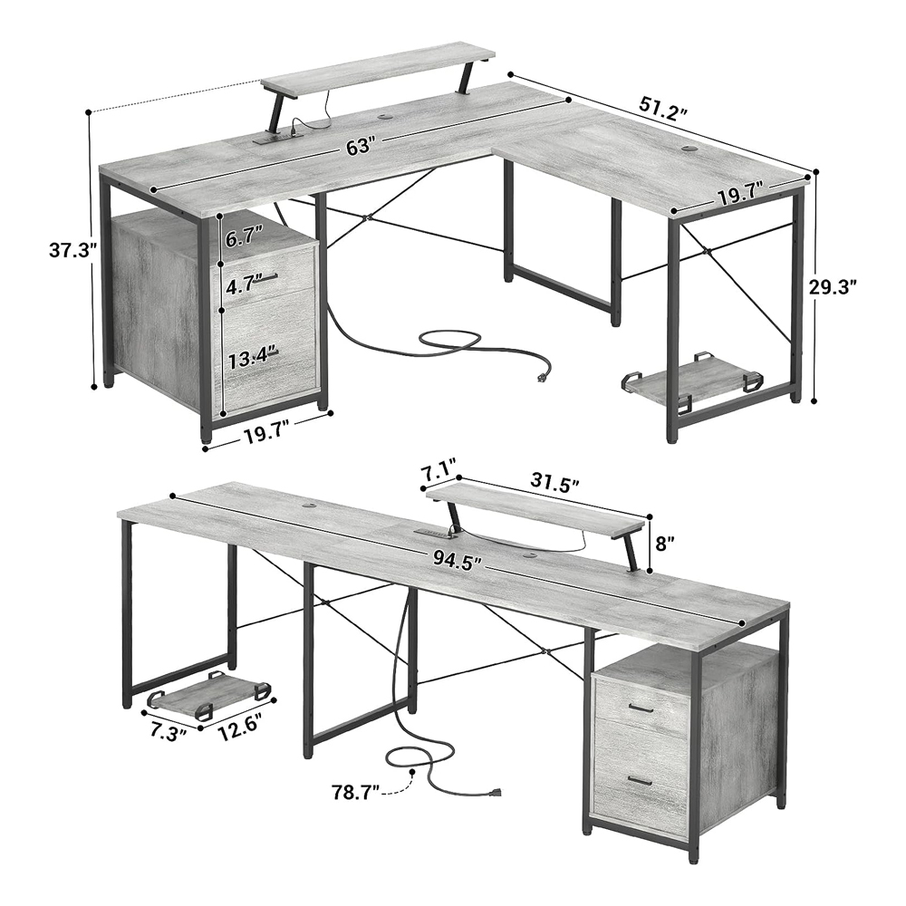 Bureau d'ordinateur PC long en forme de L avec lumières LED pour la maison