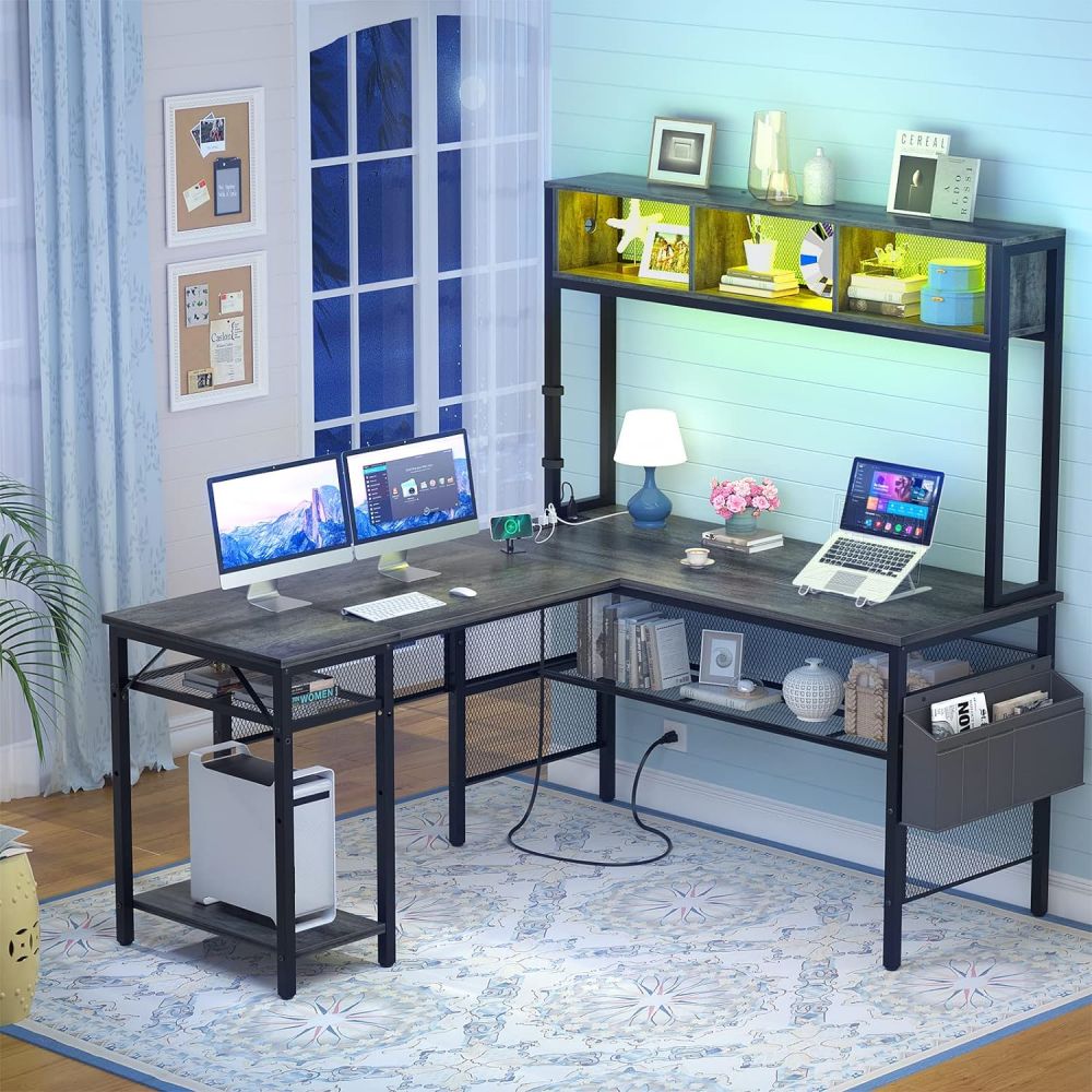 Solid Wood And Metal Led Lights Computer Table With Shelves For Home Office