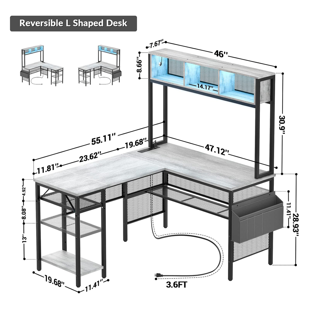 Solid Wood And Metal Led Lights Computer Table With Shelves For Home Office