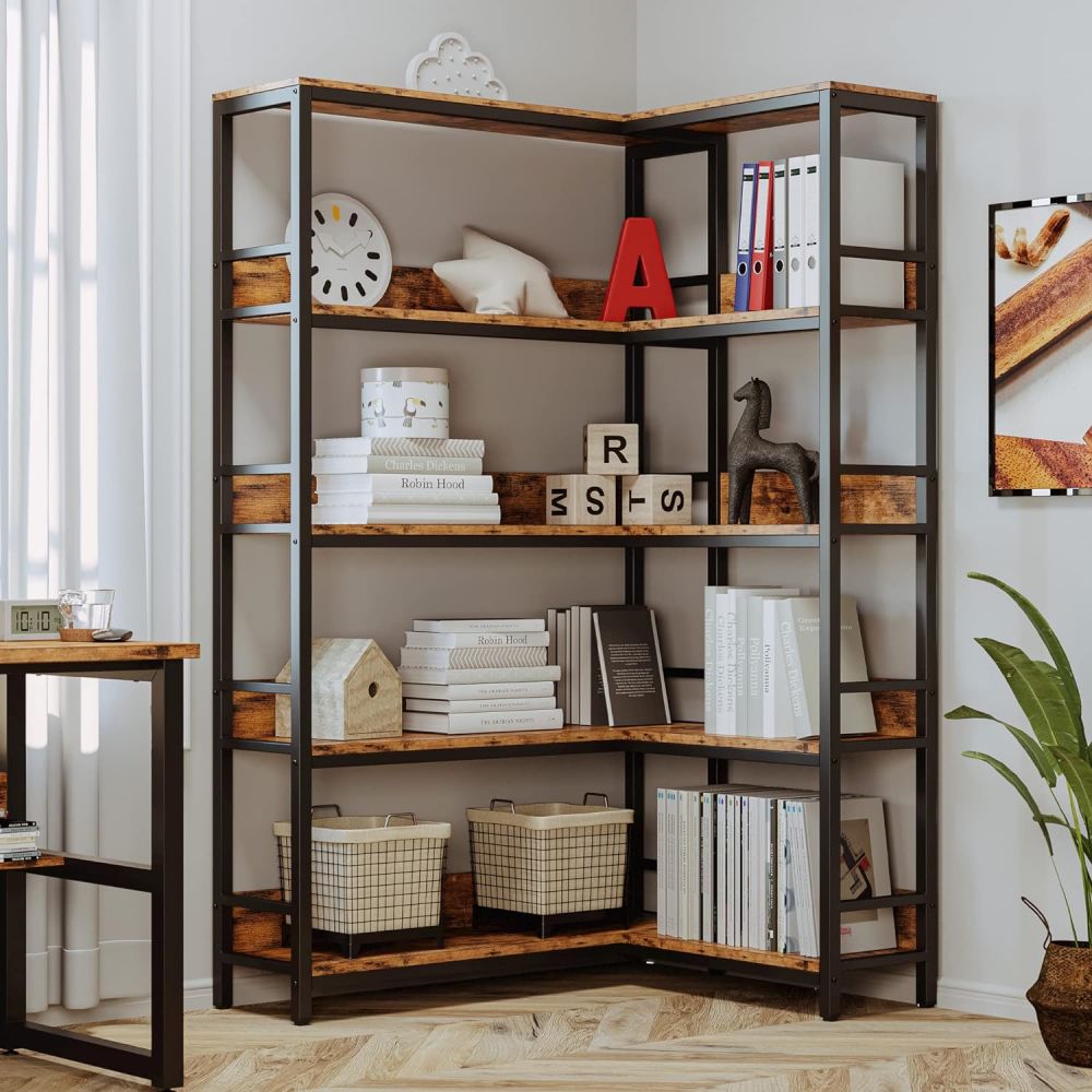 Sulok ng Sala na Kahoy na L Shaped Bookcase Book Shelf