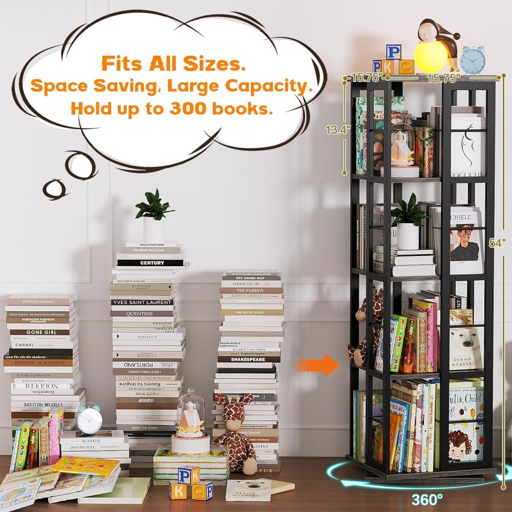 Space Saving Tall Wooden Rotating Bookshelf Book Case Rack For Home Office