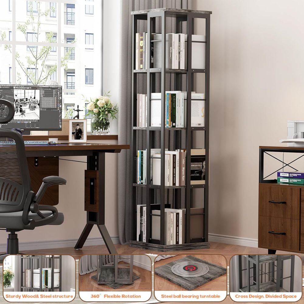 Space Saving Tall Wooden Rotating Bookshelf Book Case Rack For Home Office