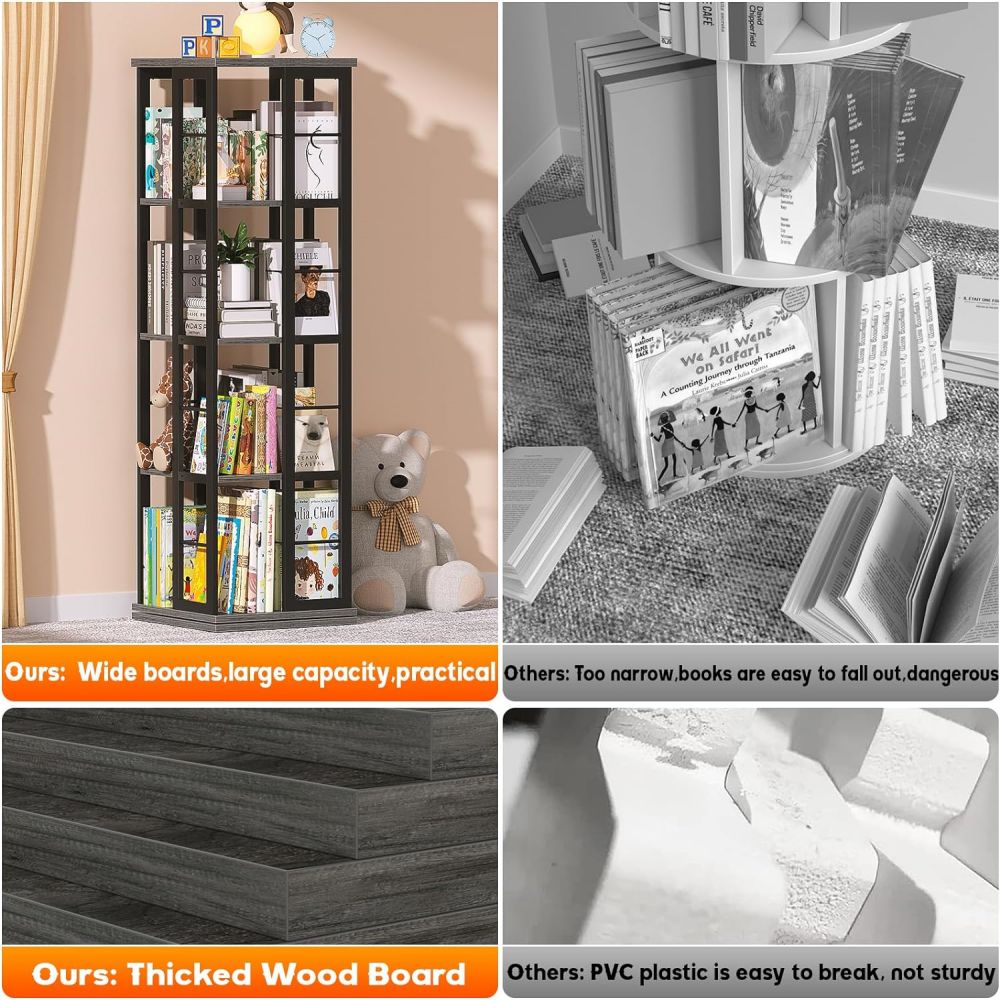 Space Saving Tall Wooden Rotating Bookshelf Book Case Rack For Home Office