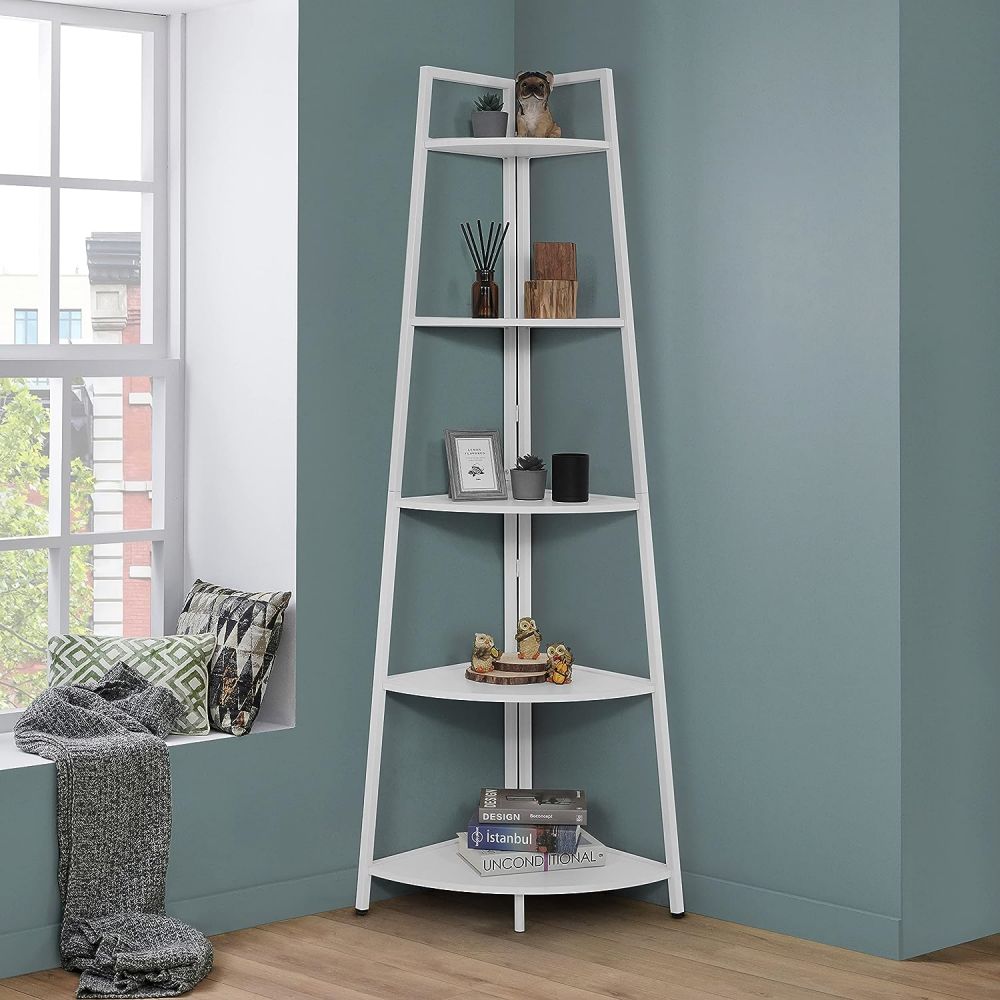 Modern Wood Corner Multi-Layer Bookshelf Ladder Book Case Shelf Rack