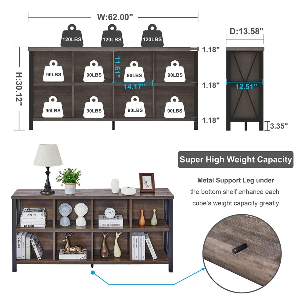 Modernong Wood At Metal Pahalang na Bookshelf Para sa Home Office