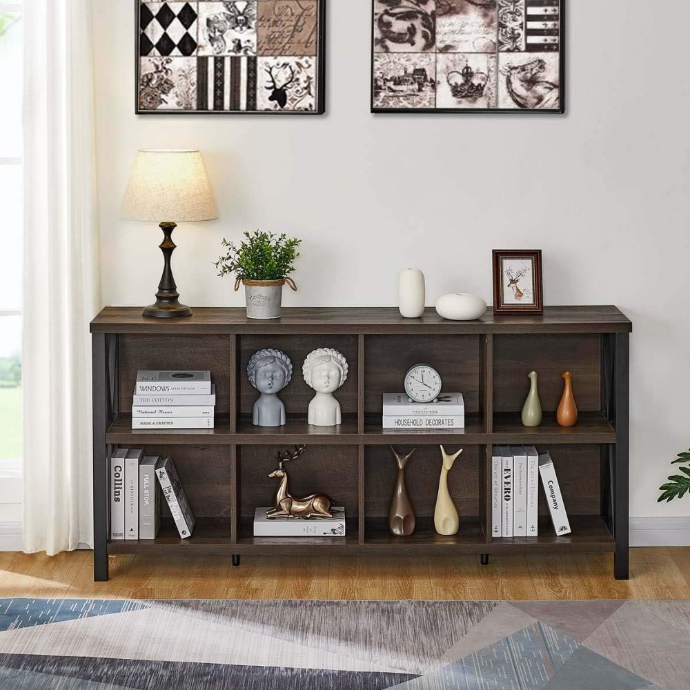 Modernong Wood At Metal Pahalang na Bookshelf Para sa Home Office