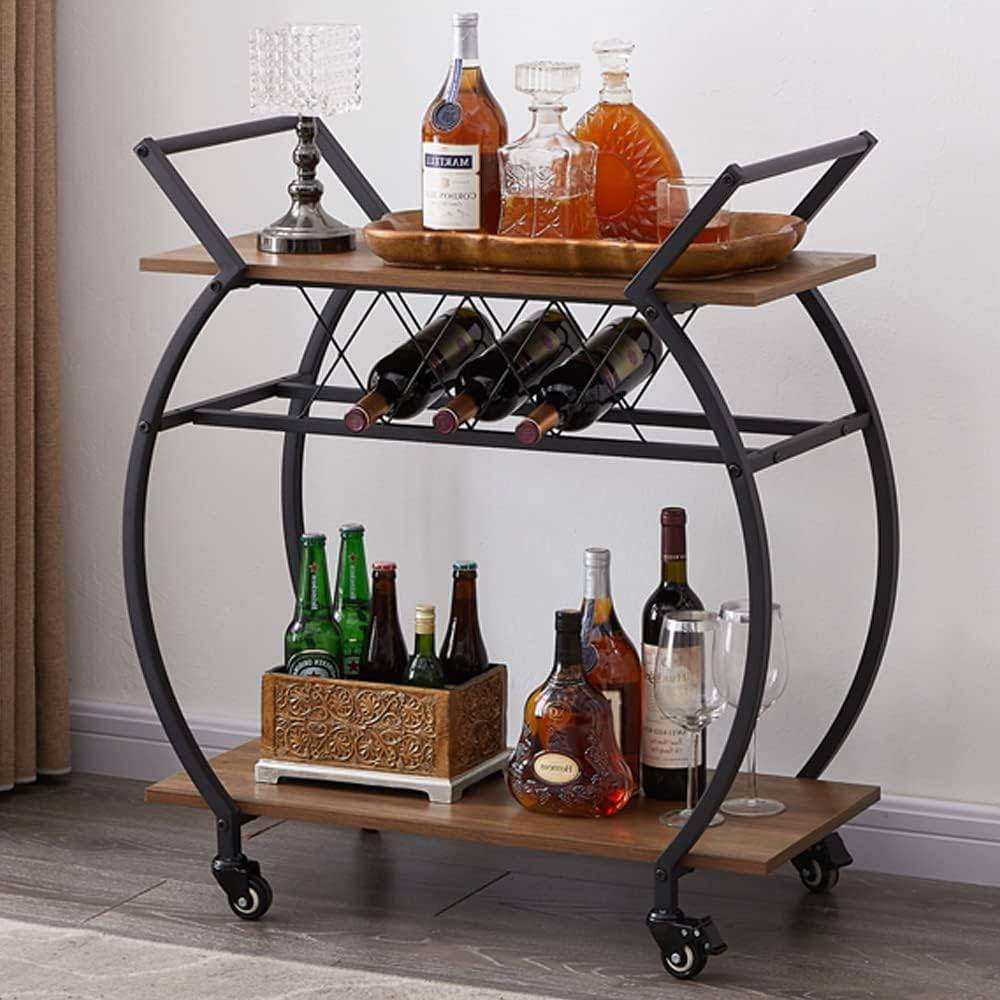 Wooden Rolling Kitchen Cart Serving Trolley Microwave With Stand