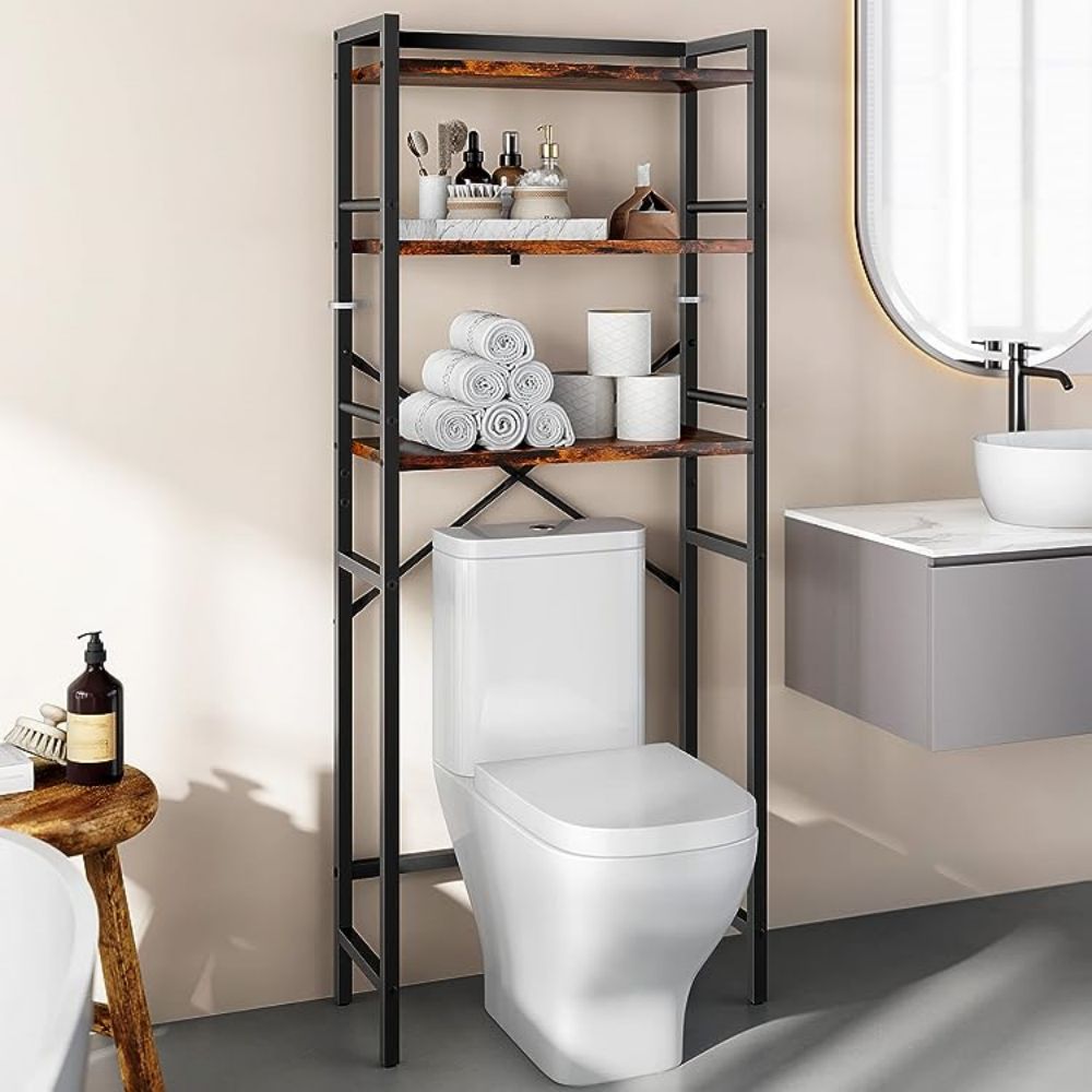 Moderne houten metalen badkamerorganizer boven toilettoiletrek