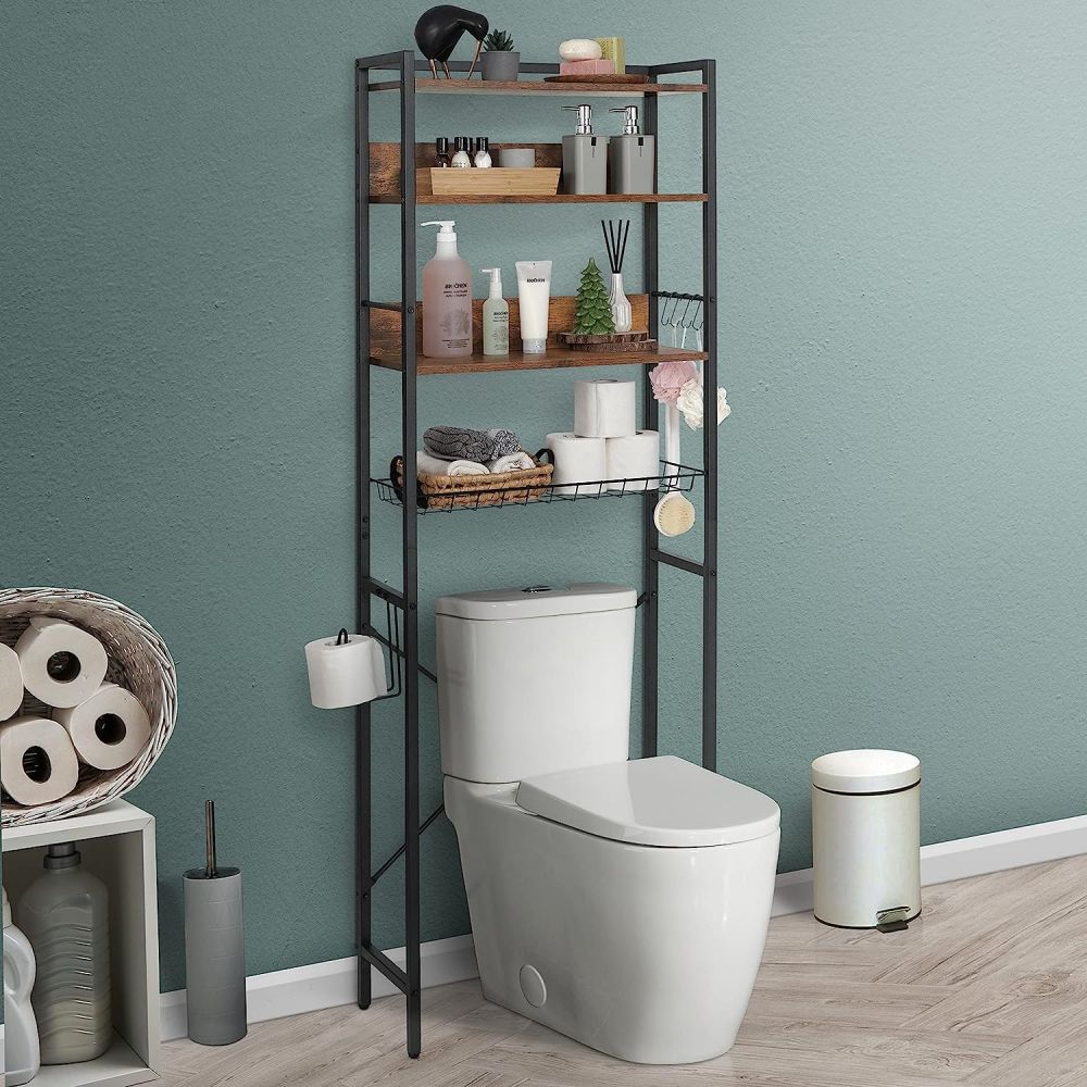 Wood And Metal Bathroom Paper Rack Towel Holder Above WC Toilet