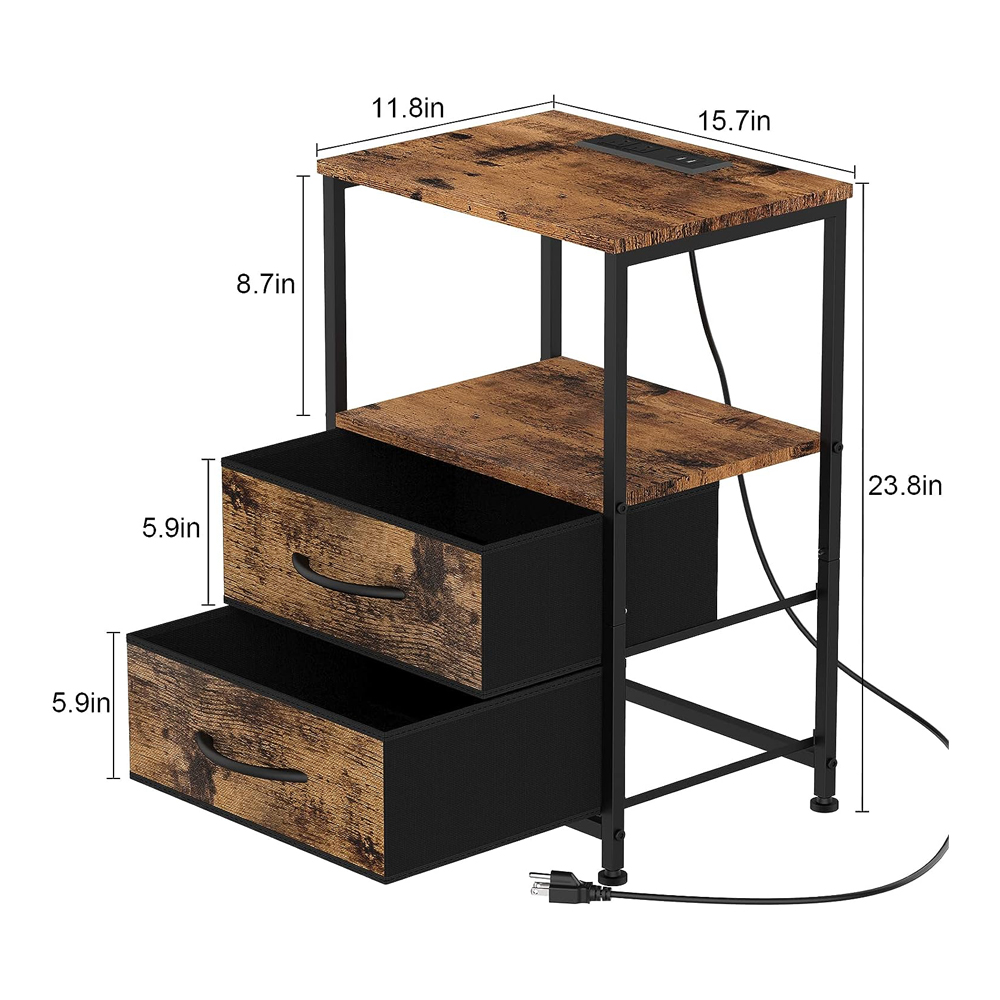 Metal Tall Nightstand With Drawers And Charging Station