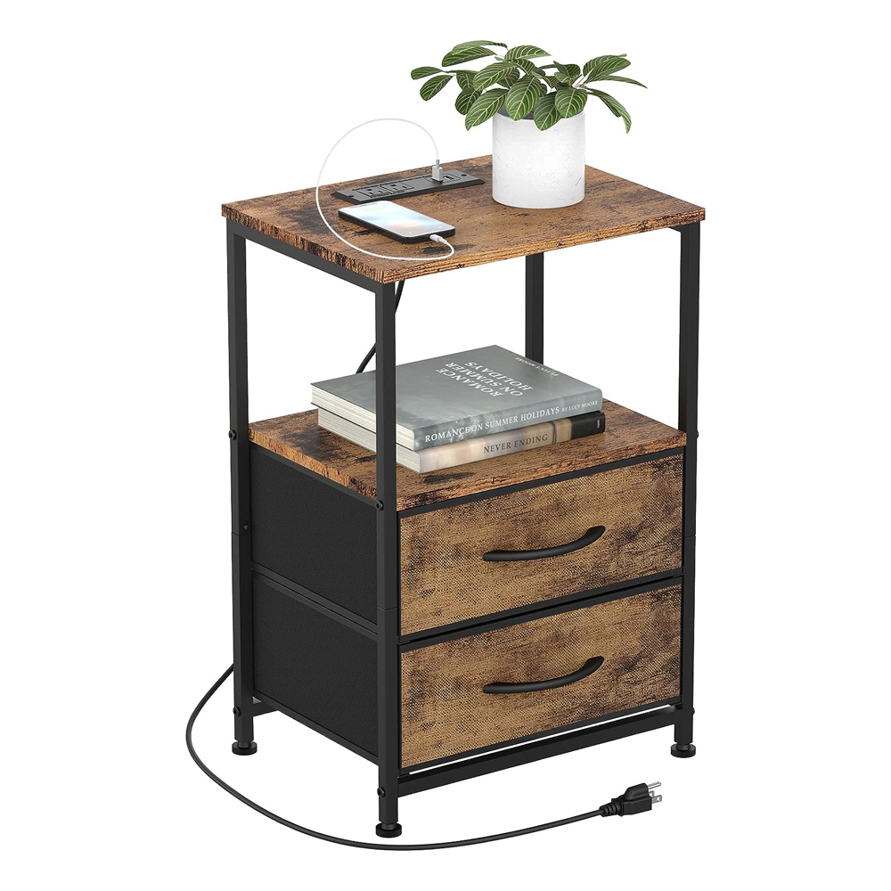 Metal Tall Nightstand With Drawers And Charging Station