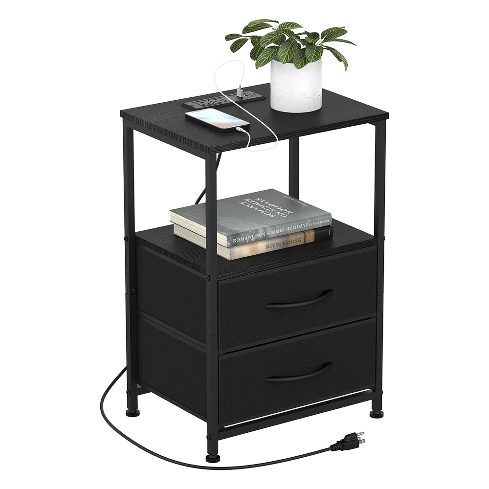 Metal Tall Nightstand With Drawers And Charging Station