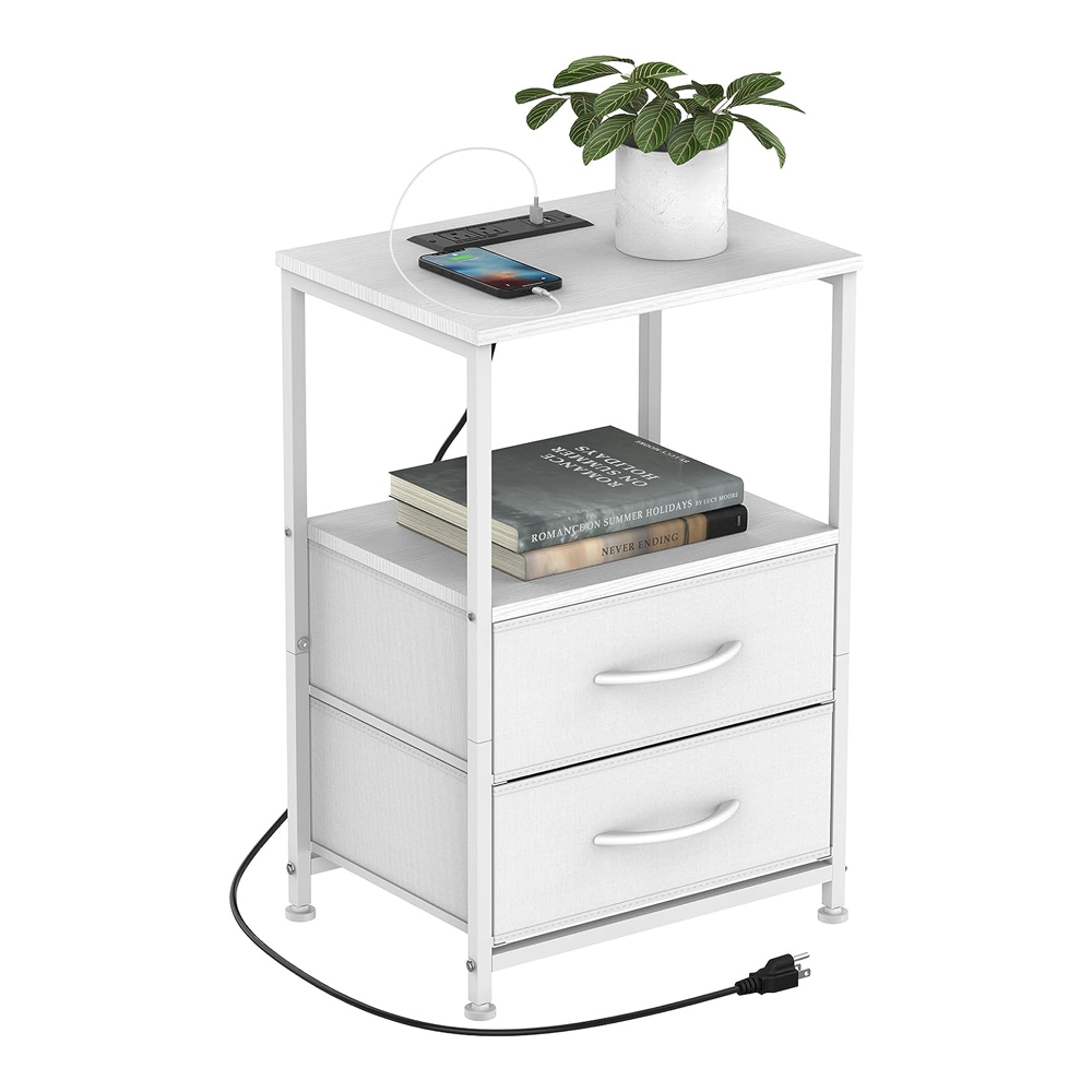 Metal Tall Nightstand With Drawers And Charging Station