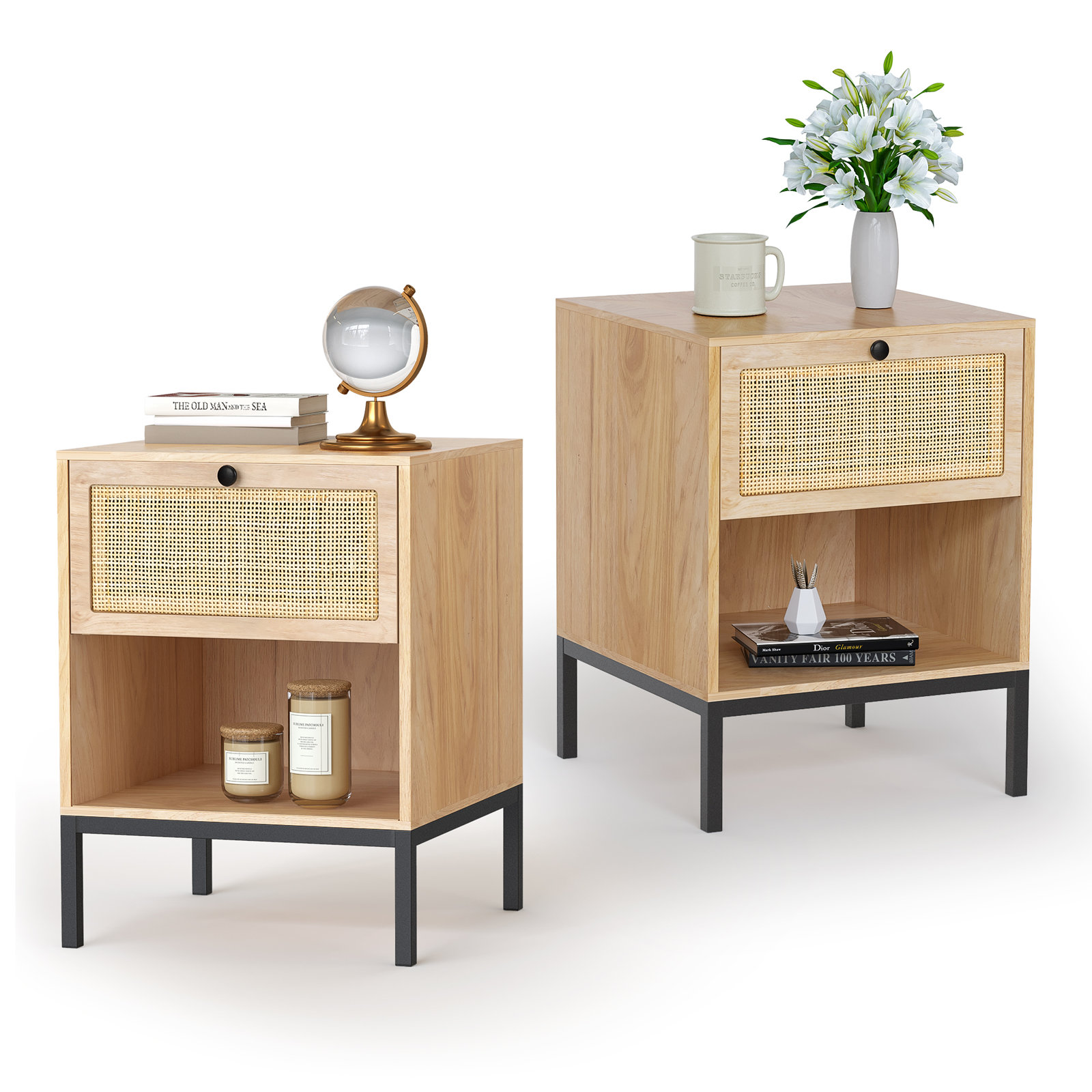 Wooden And Metal Small Narrow Nightstand Set With Drawers