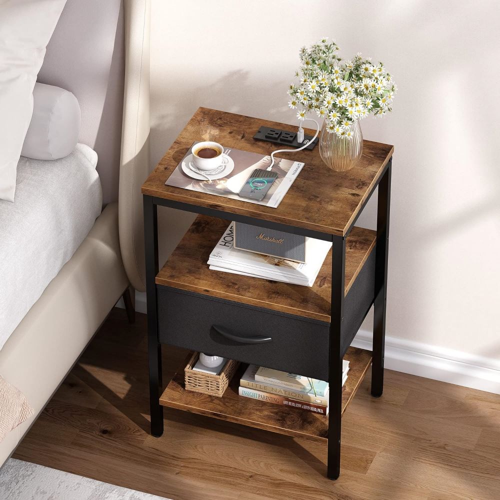 Industrial Rustic Bedside Table Night Stand na May Charging Station At Drawer