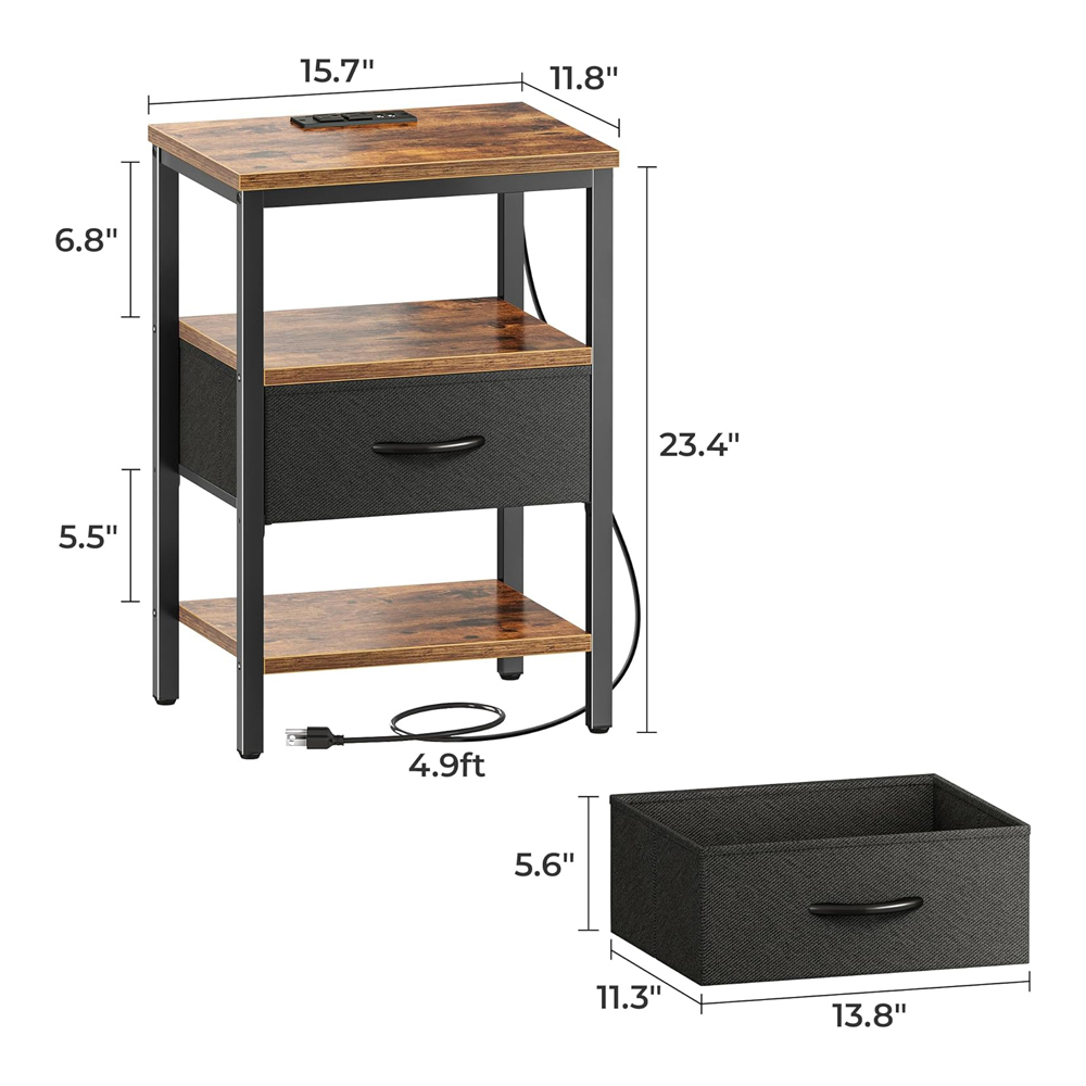 Meja Samping Tempat Tidur Pedesaan Industri Night Stand Dengan Stasiun Pengisian Daya Dan Laci